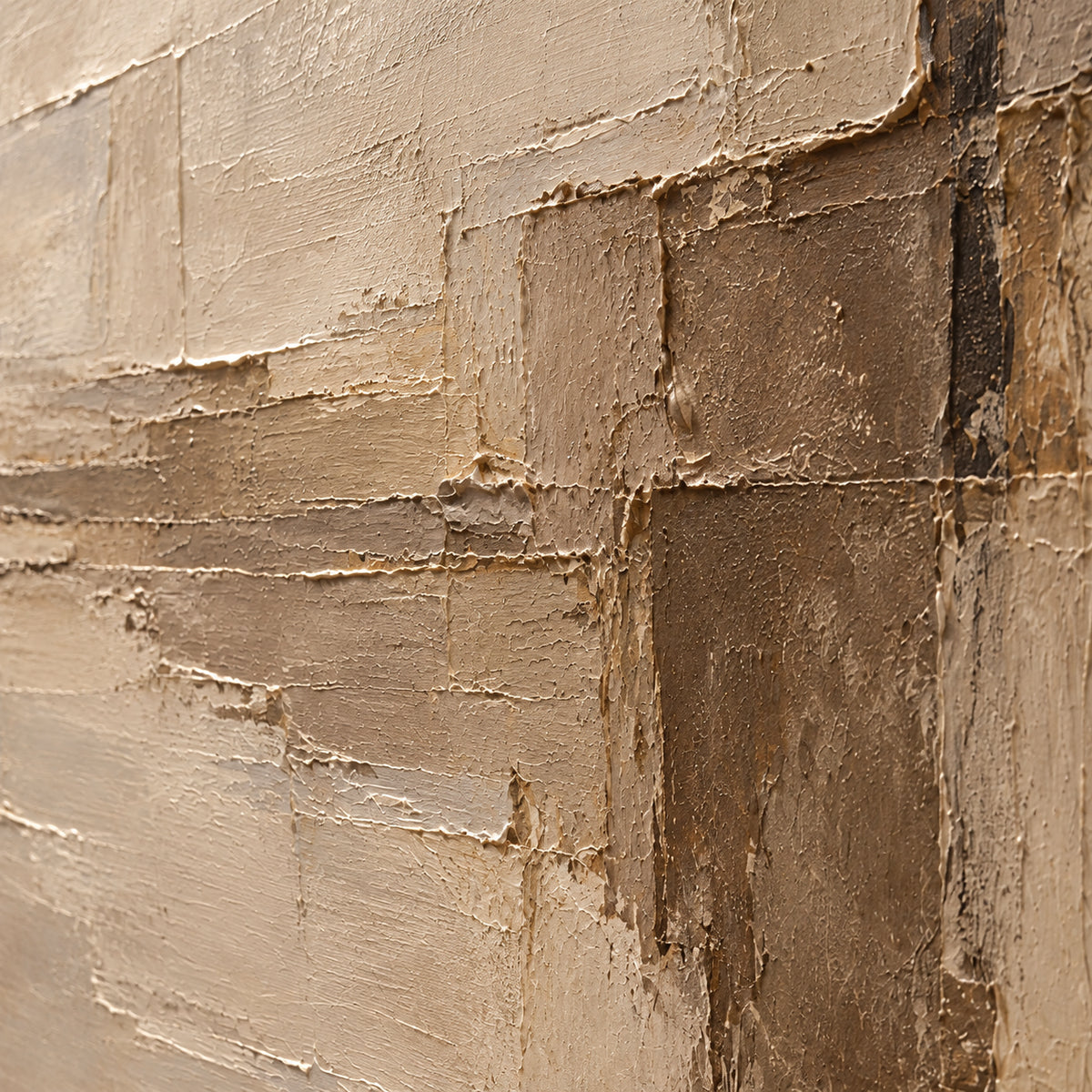 Oblique close-up of the oil painting’s sand, taupe and umber surface, with grazing light revealing raised paint ridges and scraped texture.