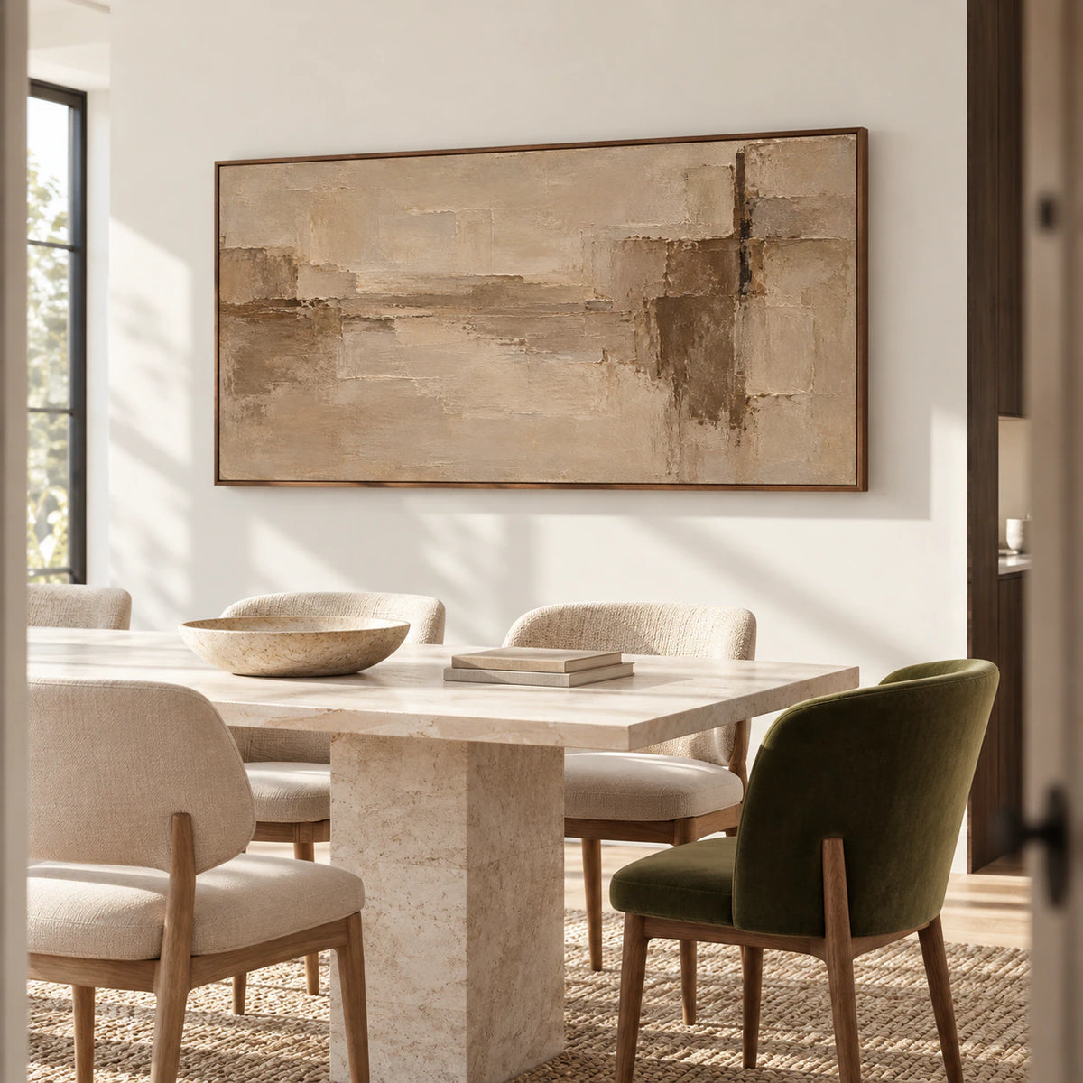 Wide textured abstract painting above a light stone dining table with neutral chairs and a dark wood detail, viewed from the right at seated eye level.
