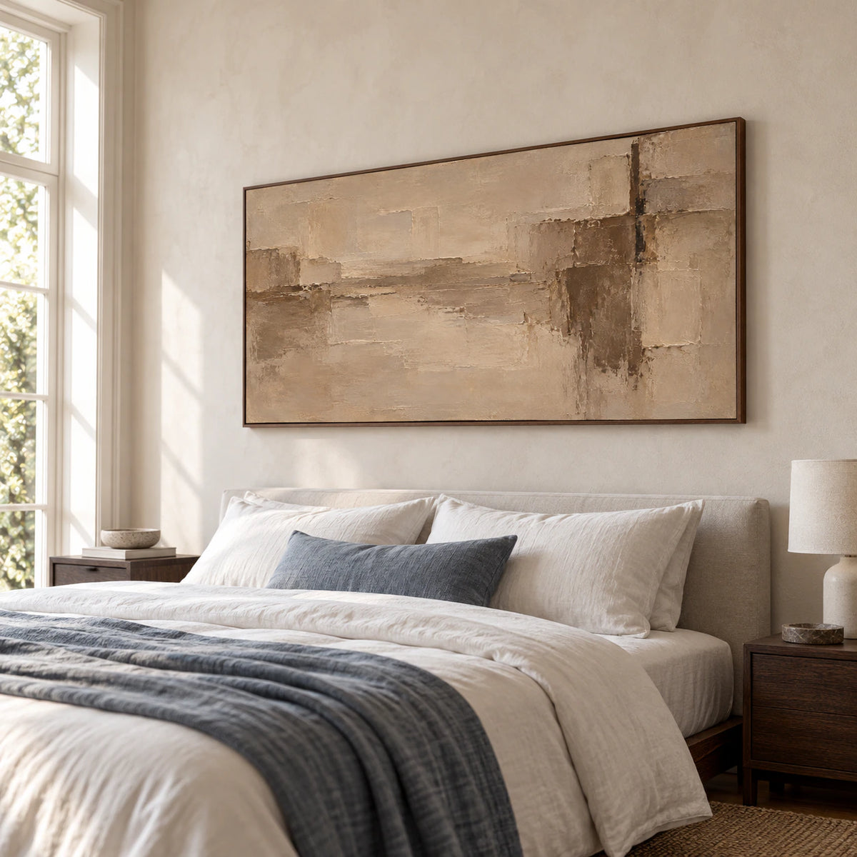 Wide sand, taupe and umber painting above a low bed with white linen and a blue-gray accent, viewed from a slightly elevated left angle.