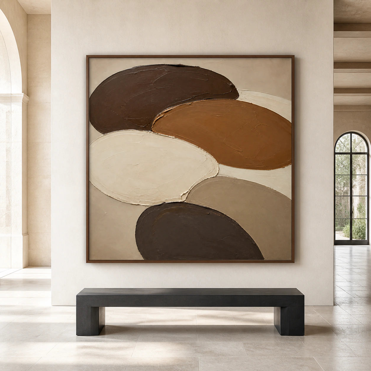 Large square Umber-Orbits painting displayed straight-on in a spacious architectural interior.