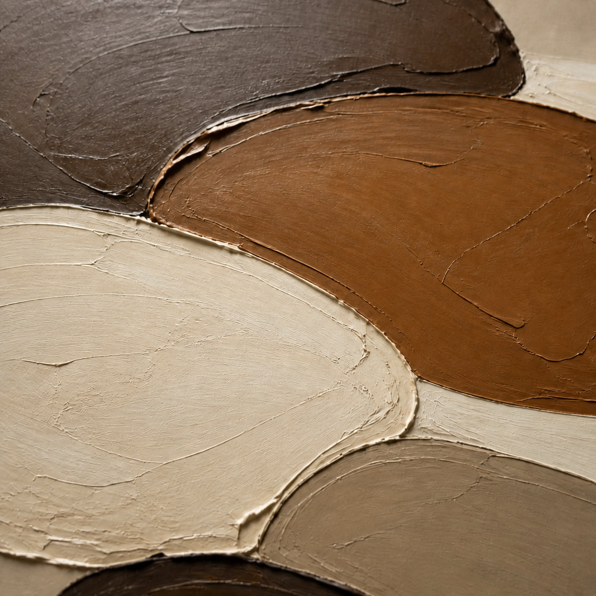 Umber-Orbits oil painting brushwork and impasto detail photographed from an oblique side angle