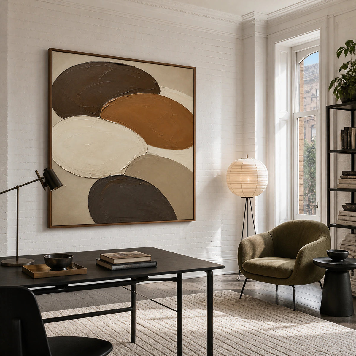 Umber-Orbits as the focal artwork in an airy home office reading space.