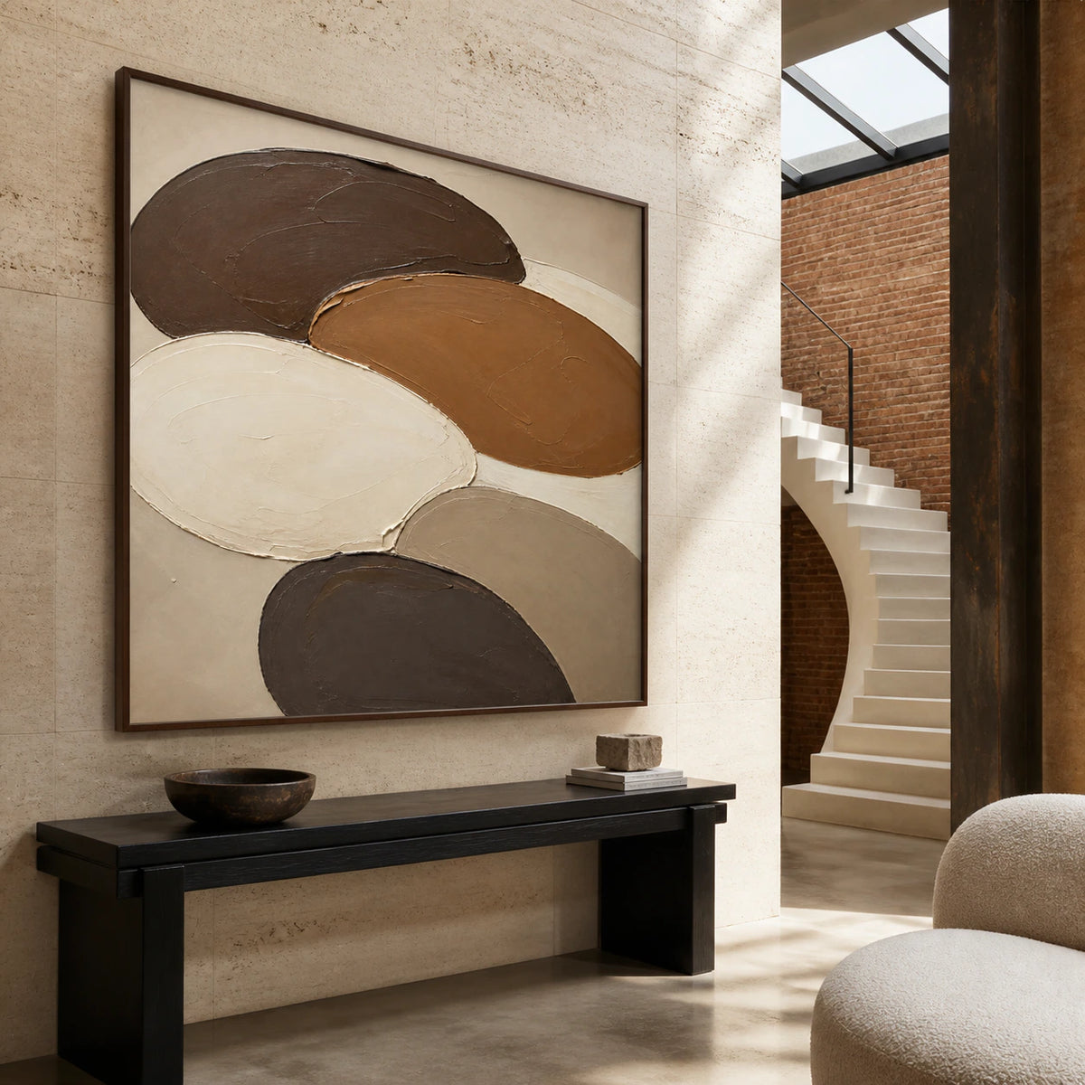 Gallery-scale Umber-Orbits painting in a bright sculptural foyer.