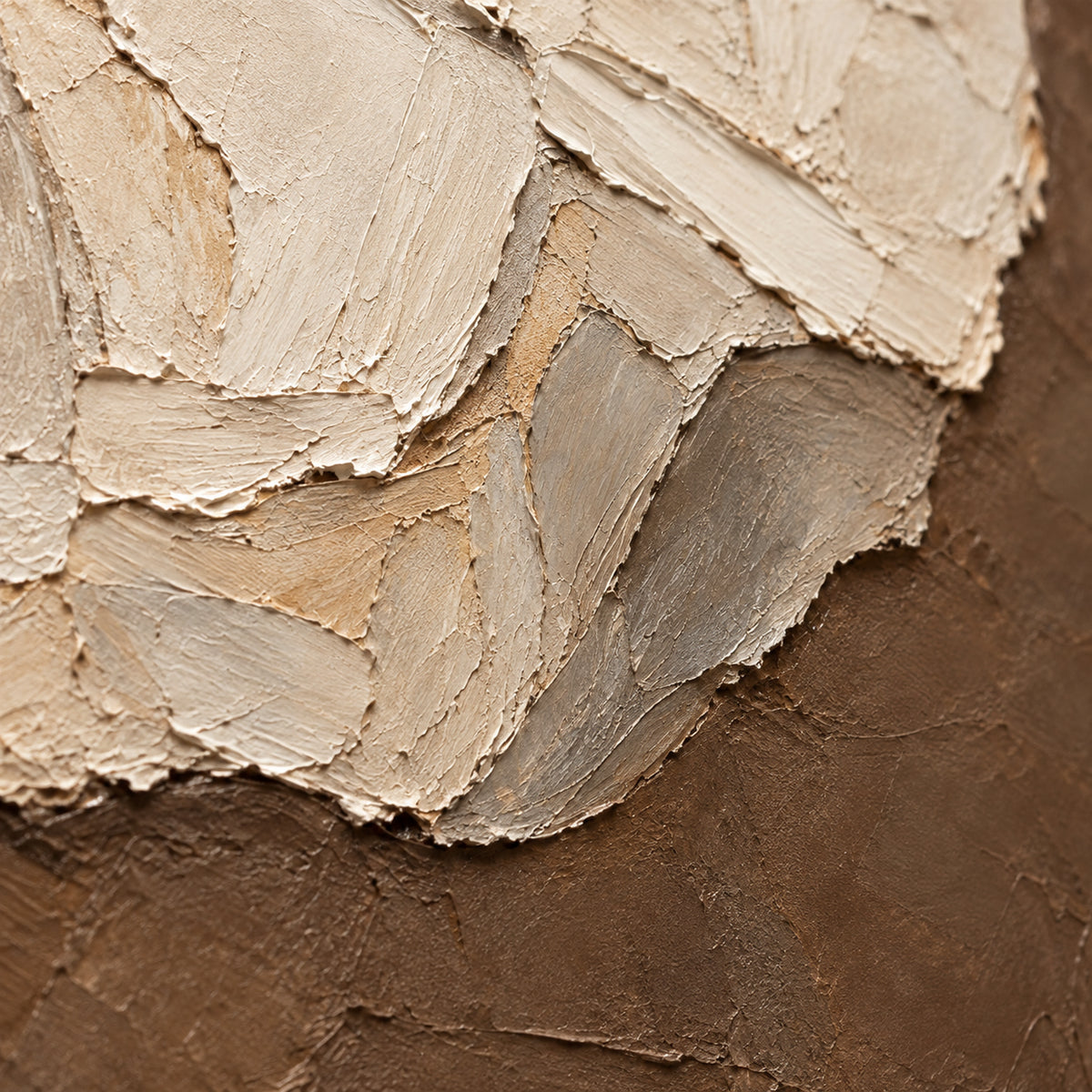 Umber-Overhang oil painting brushwork and impasto detail photographed from an oblique side angle