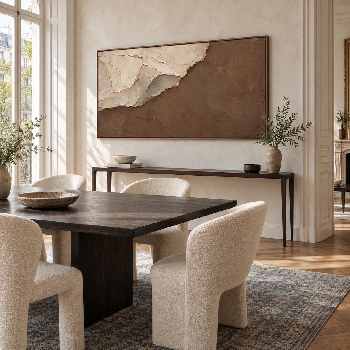 Wide earth-toned abstract painting in a refined daylight dining room.