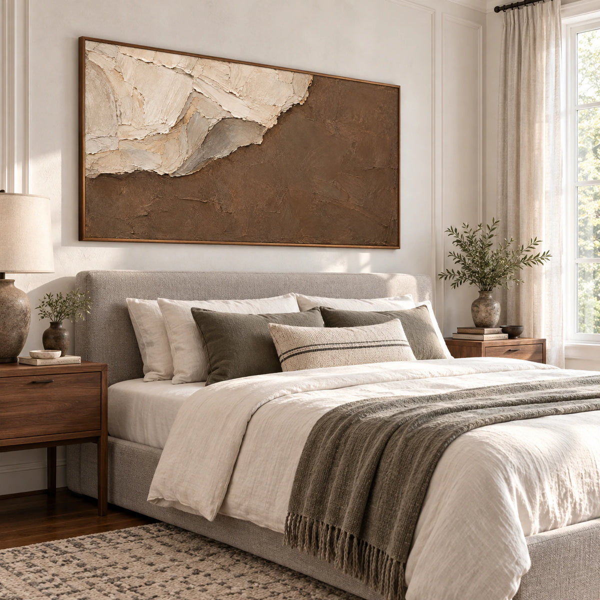 Textured umber and ivory wall art above a quiet bedroom setting.