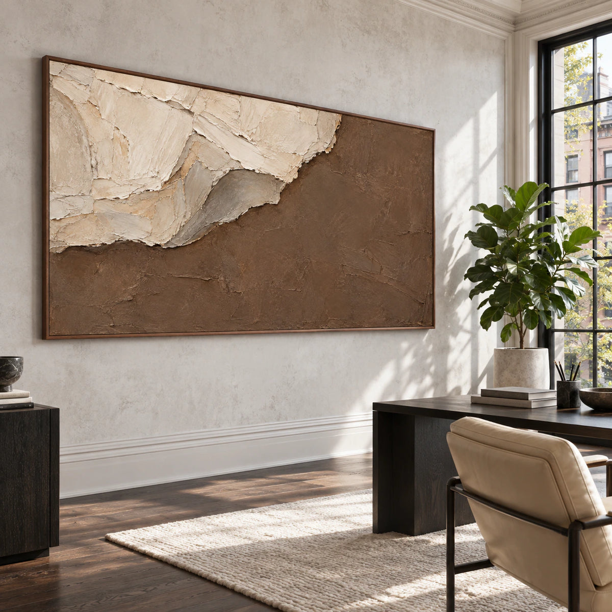 Horizontal textured abstract painting in an airy reading-focused home office.