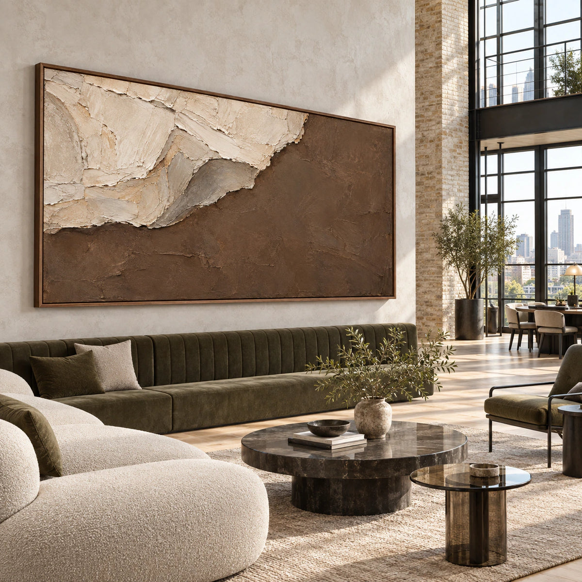 Textured brown and ivory abstract painting anchoring an expansive loft hospitality interior.