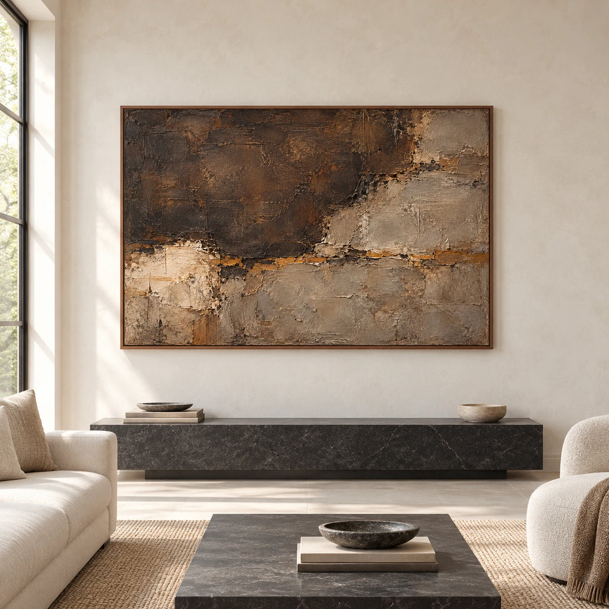 Large horizontal abstract painting with fractured umber and taupe planes above a low stone bench in a spacious gallery-like living room.