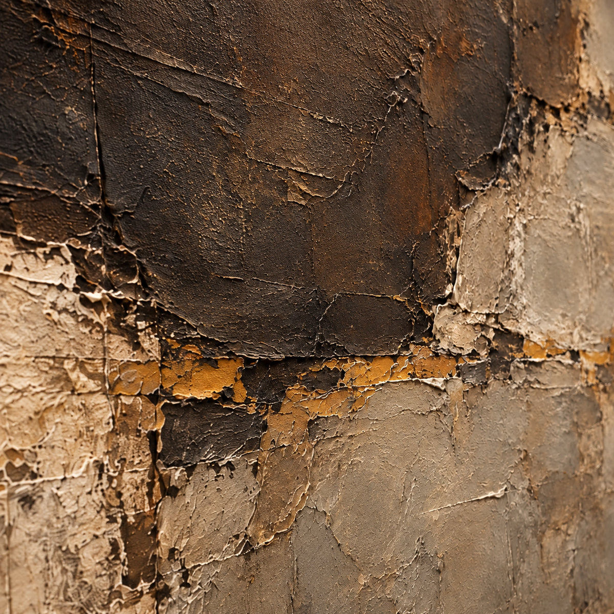 Umber-Palimpsest oil painting brushwork and impasto detail photographed from an oblique side angle
