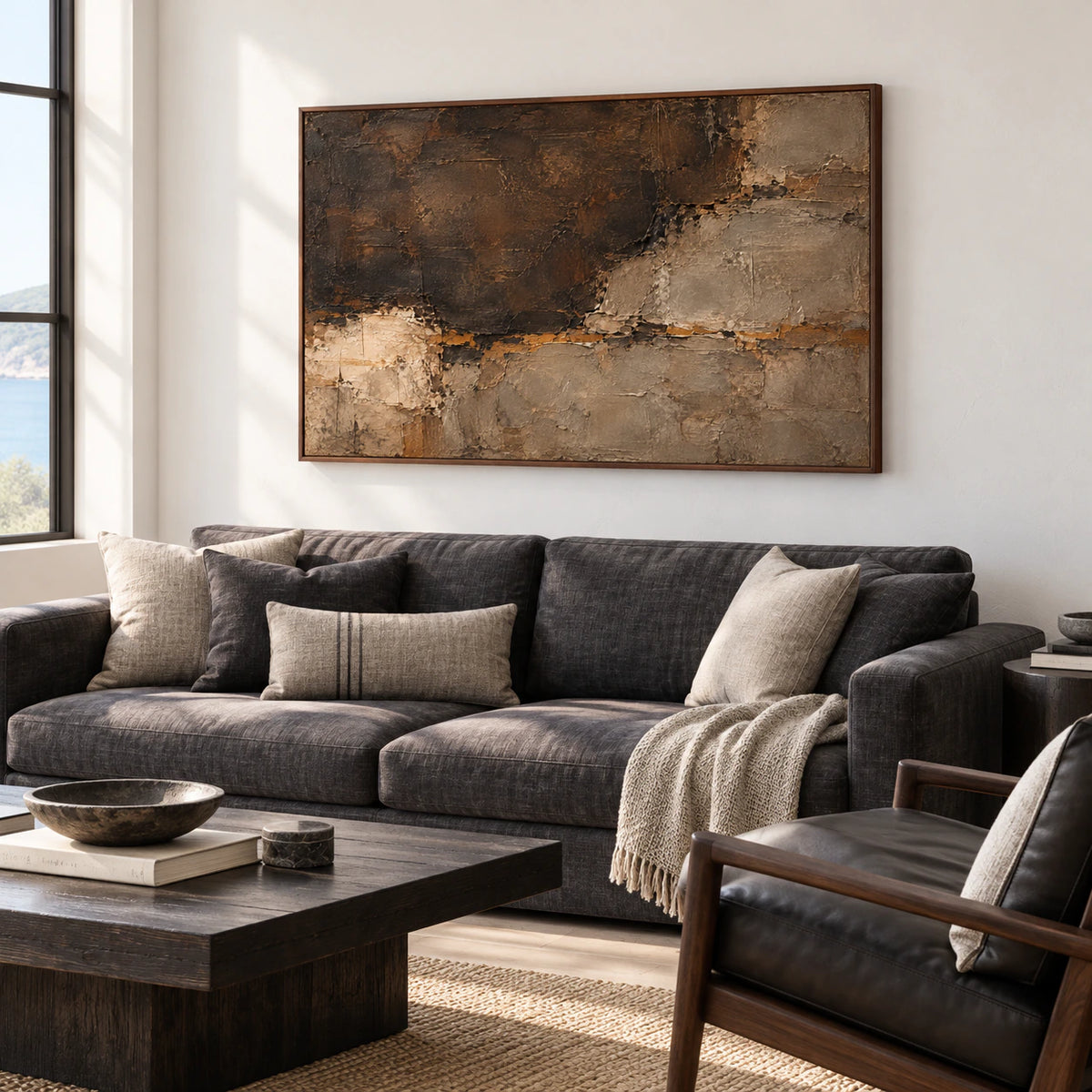 Large horizontal abstract painting centered above a charcoal sofa in a bright living room with natural daylight.