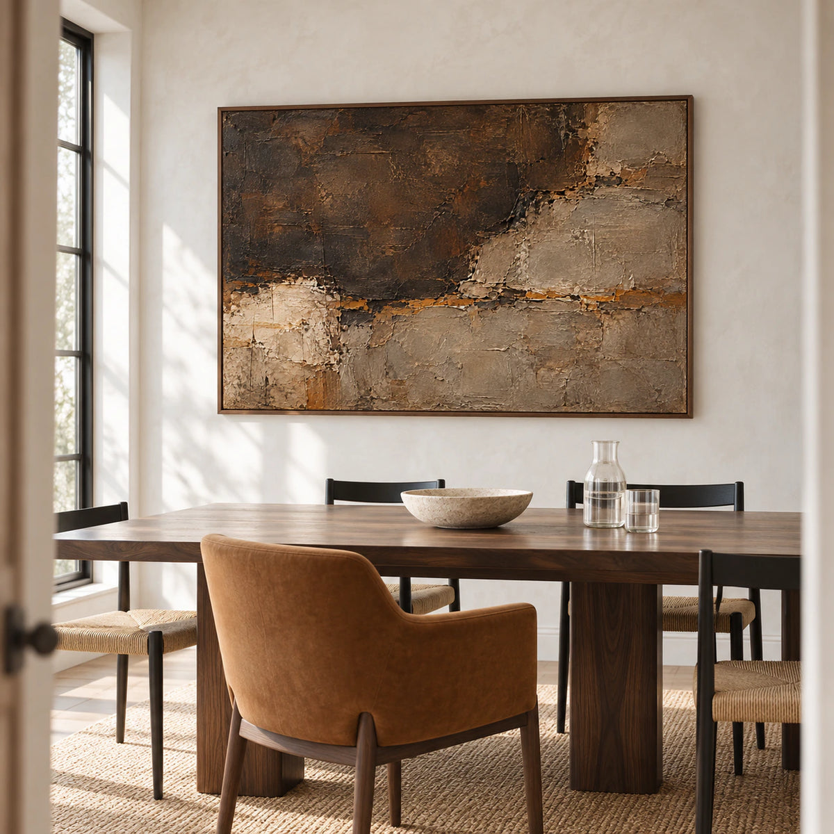 Large horizontal abstract painting above a dark wood dining table in a refined dining room with bright window light.