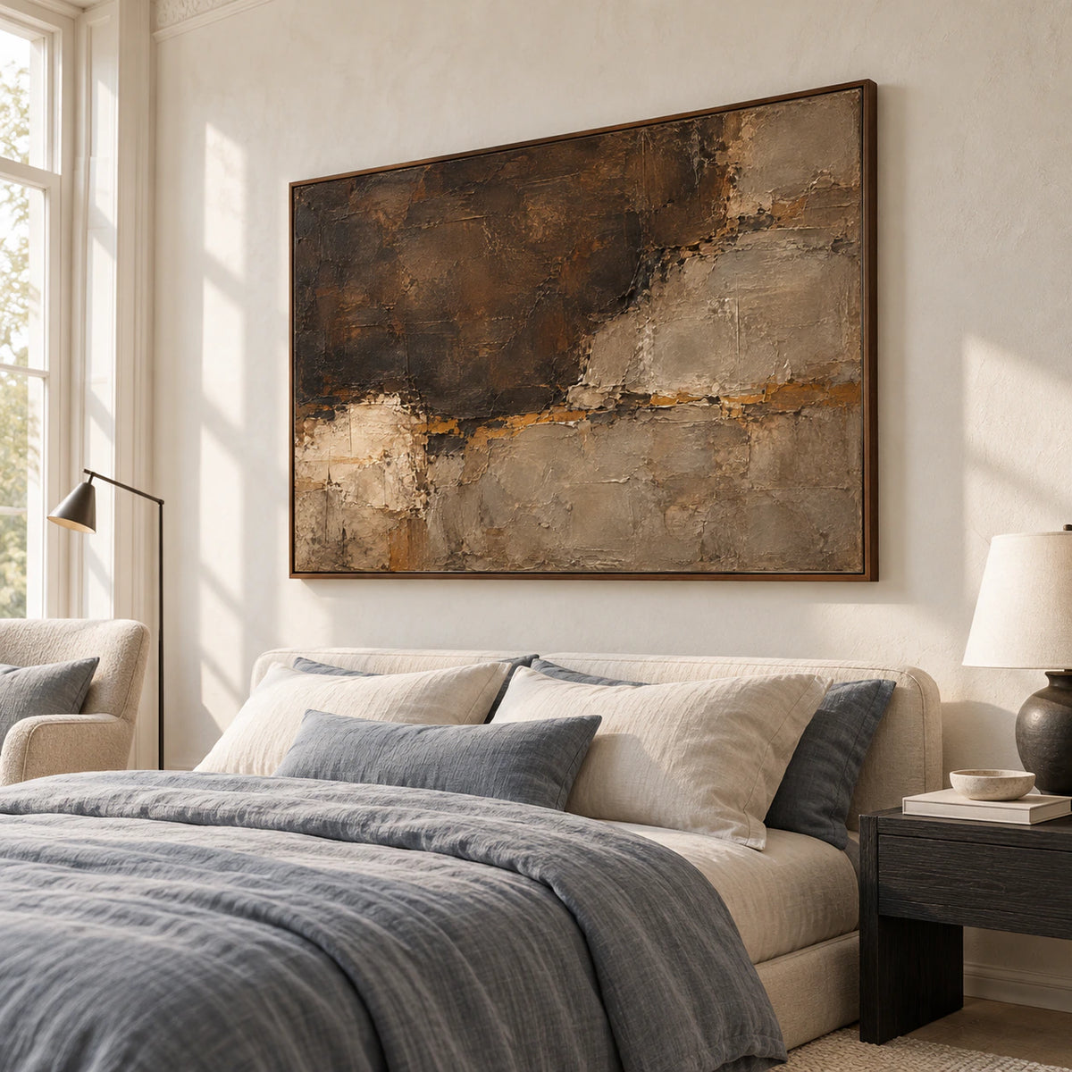 Large horizontal abstract painting above a low upholstered bed in a quiet, daylight-filled bedroom.