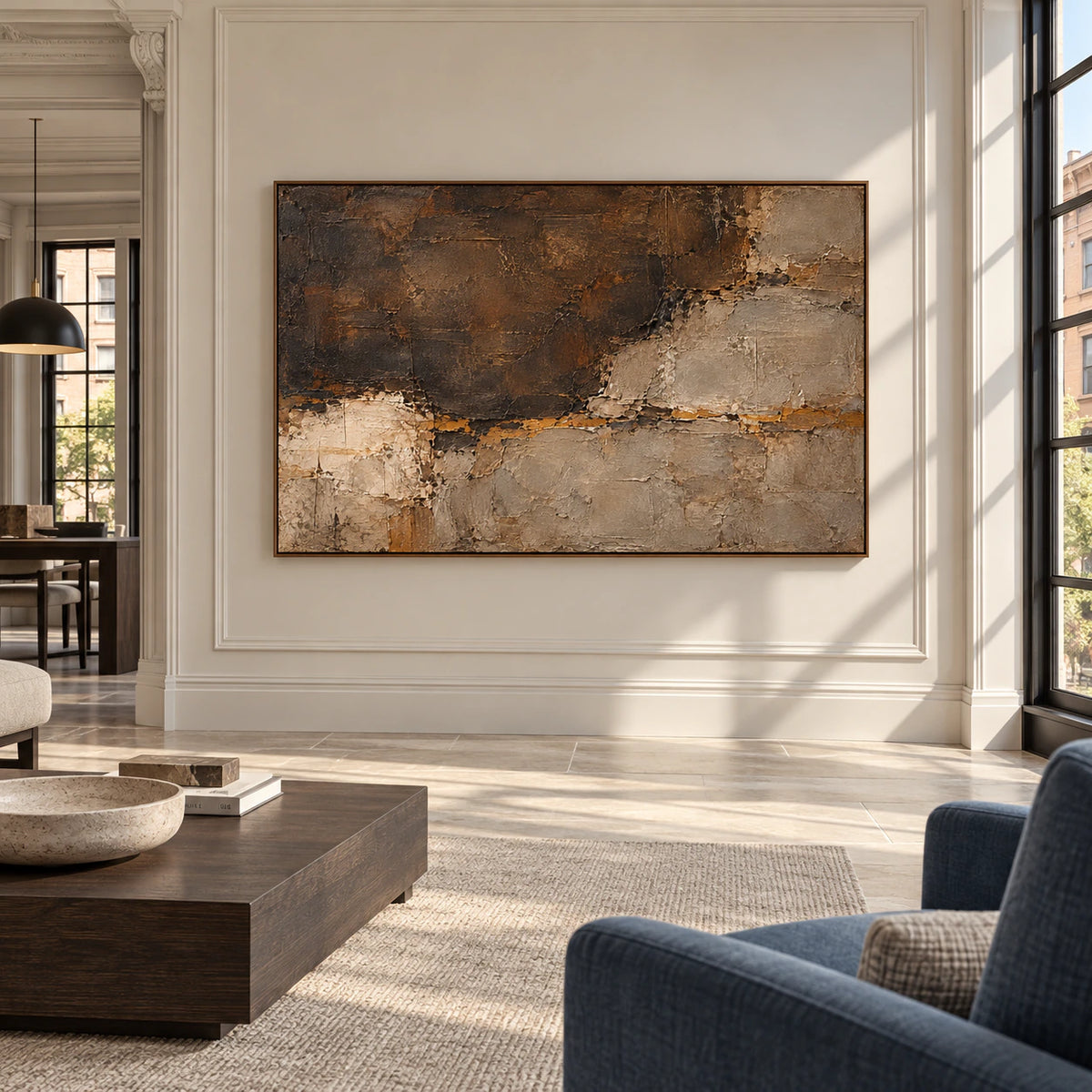 Large horizontal abstract painting anchoring a sunlit loft interior with tall windows and restrained contemporary furnishings.