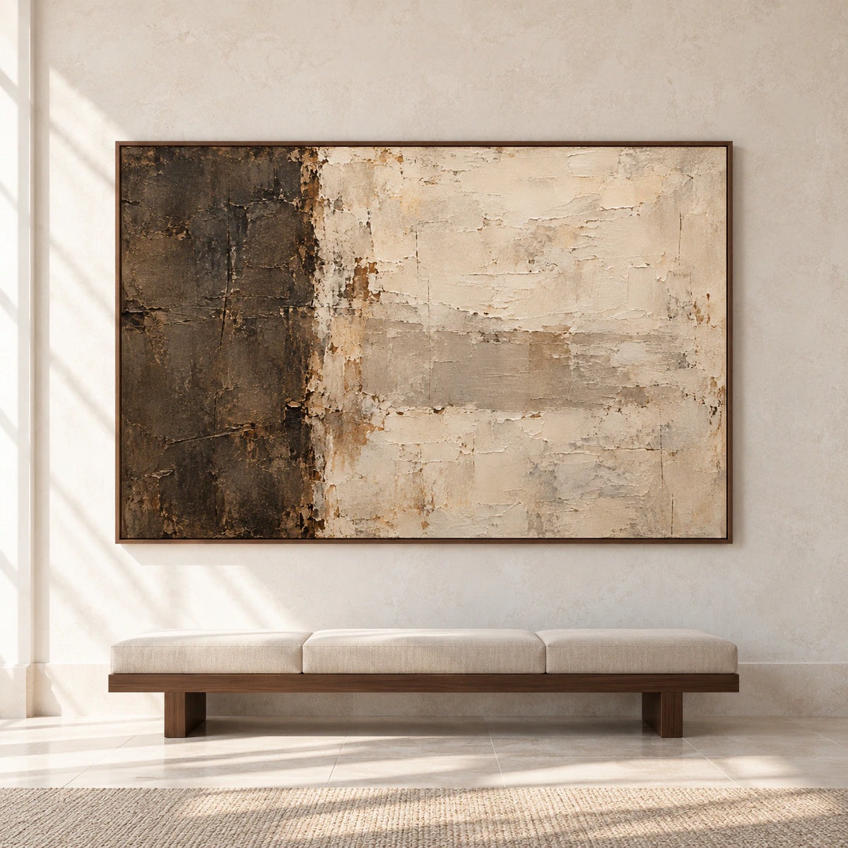 Large horizontal abstract artwork displayed prominently on a pale stone wall in a spacious modern gallery, with dark umber at left and warm ivory relief bands clearly visible.