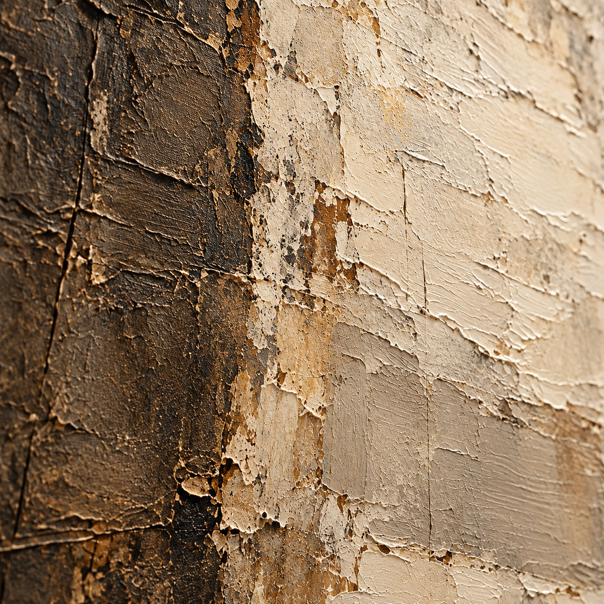 Umber-Passage oil painting brushwork and impasto detail photographed from an oblique side angle