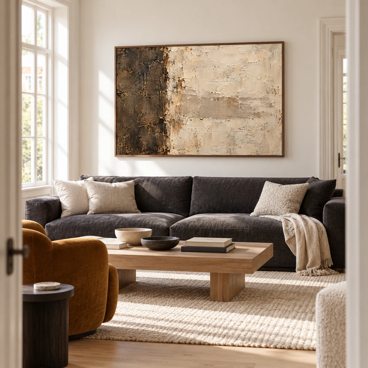 Large artwork above a low charcoal sofa in a bright living room with pale walls, tall windows and restrained furnishings; the painting remains the dominant focal point.