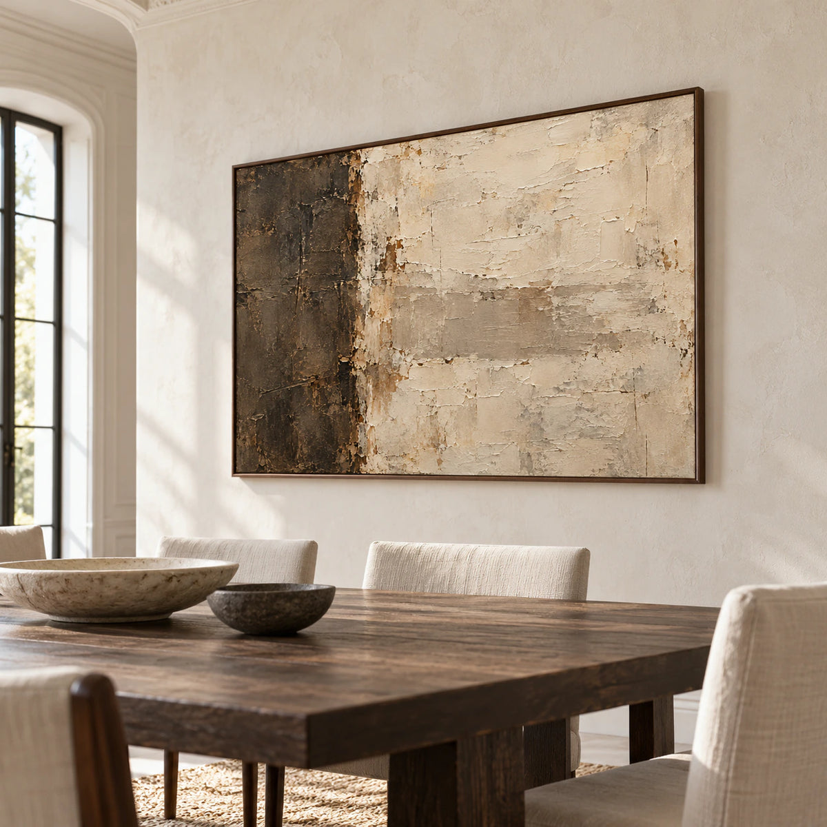 Prominent artwork on a light plaster dining room wall above a long dark wood table, photographed from a left oblique angle in clear natural daylight.
