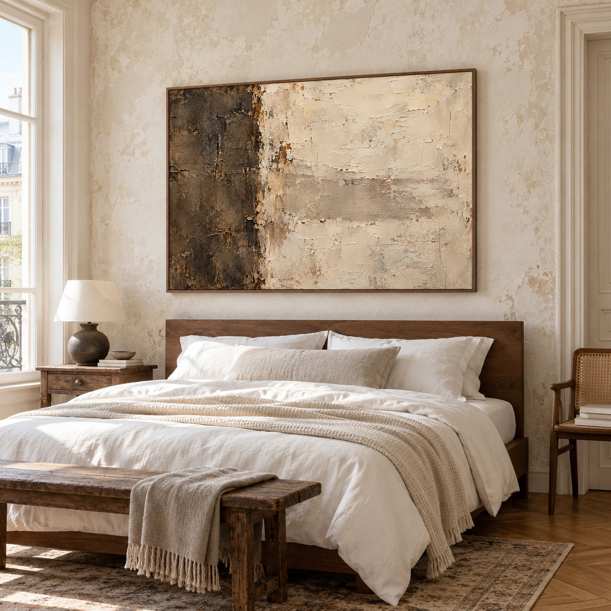 Large artwork centered above a simple walnut bed in a quiet bright bedroom, seen from a slightly elevated right oblique view with soft white linens.