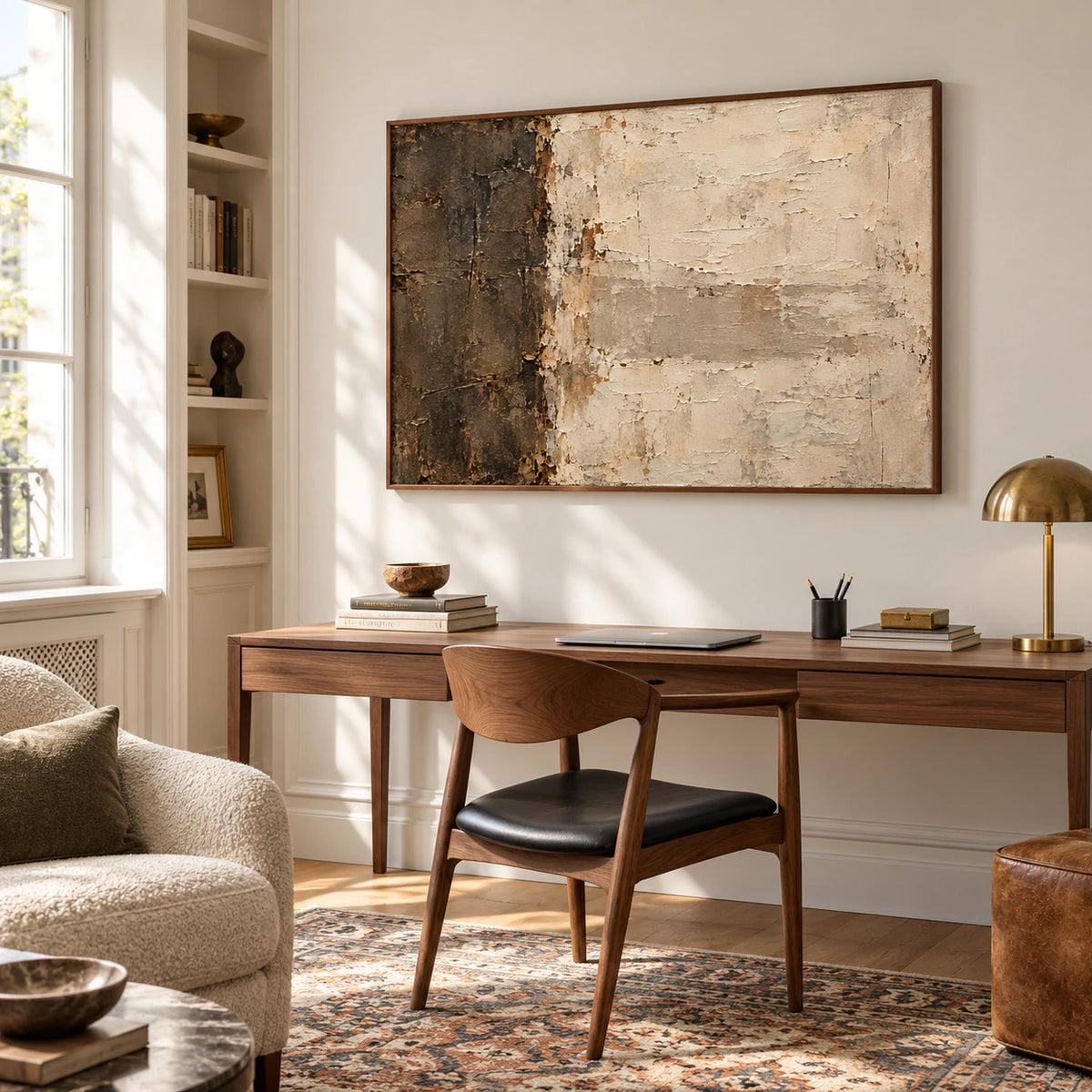 Artwork commanding a bright home office reading wall above a slim desk and lounge chair, viewed from a left oblique angle with open daylight and uncluttered furnishings.