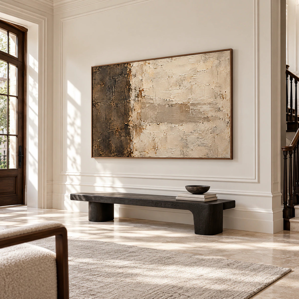 Gallery-scale artwork anchoring a lofty foyer with limestone flooring and a sculptural dark bench, viewed from a low right oblique angle in bright natural light.