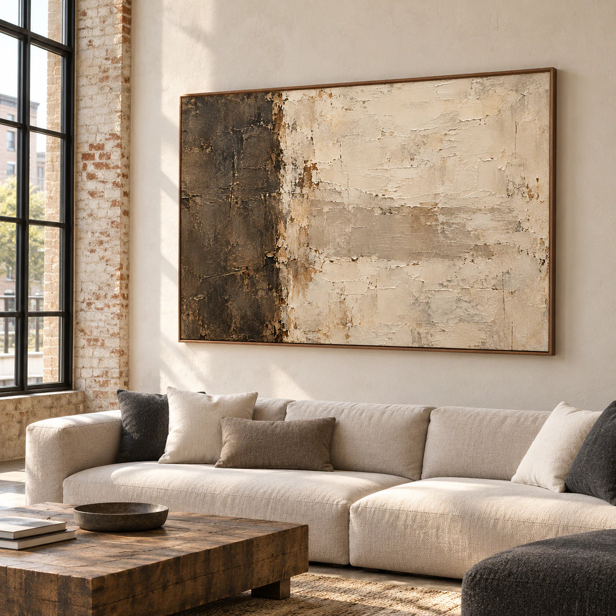Large artwork in an expansive loft hospitality interior with high windows, pale masonry and a restrained seating arrangement, viewed from a distant left oblique angle while remaining visually dominant.