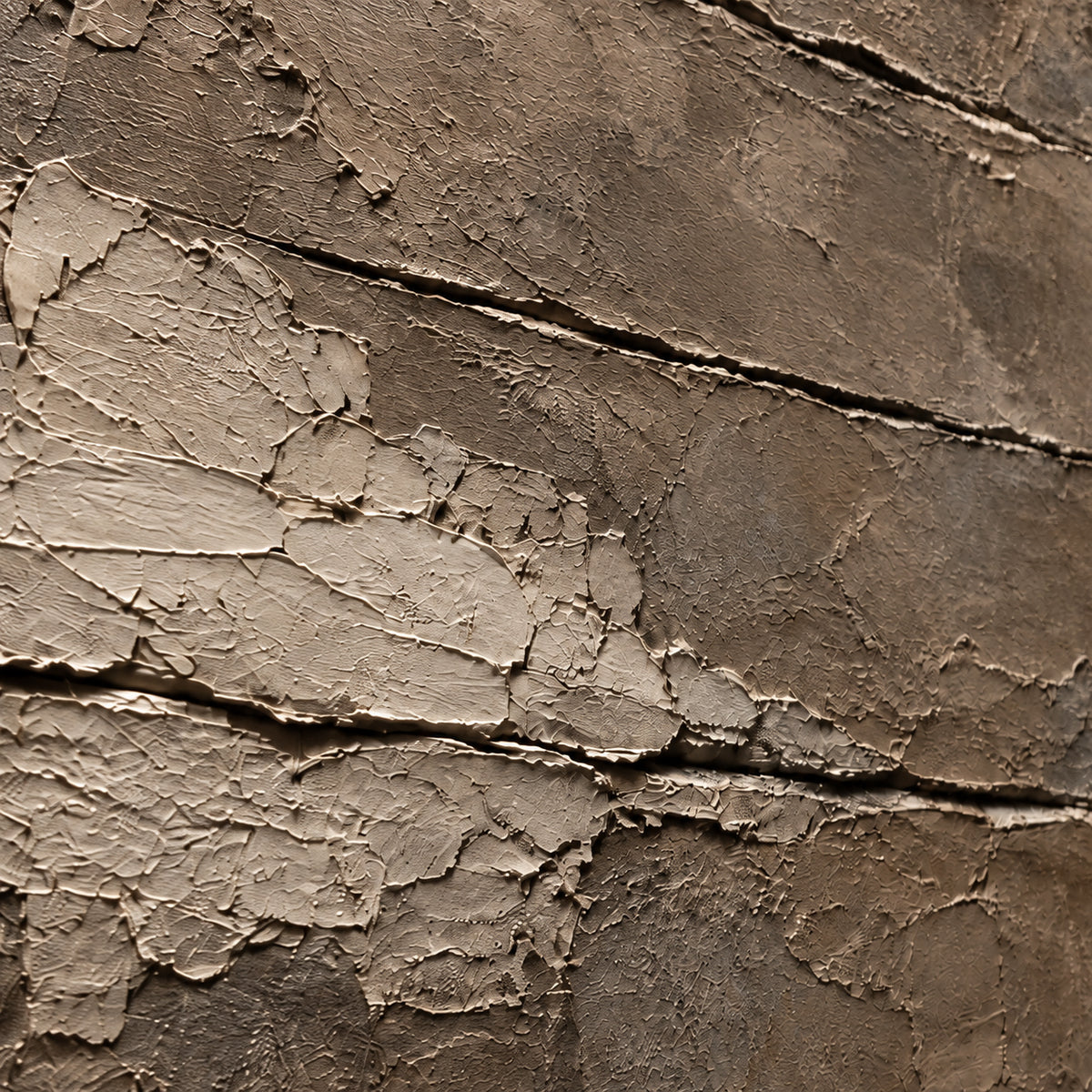 Umber-Seams oil painting brushwork and impasto detail photographed from an oblique side angle