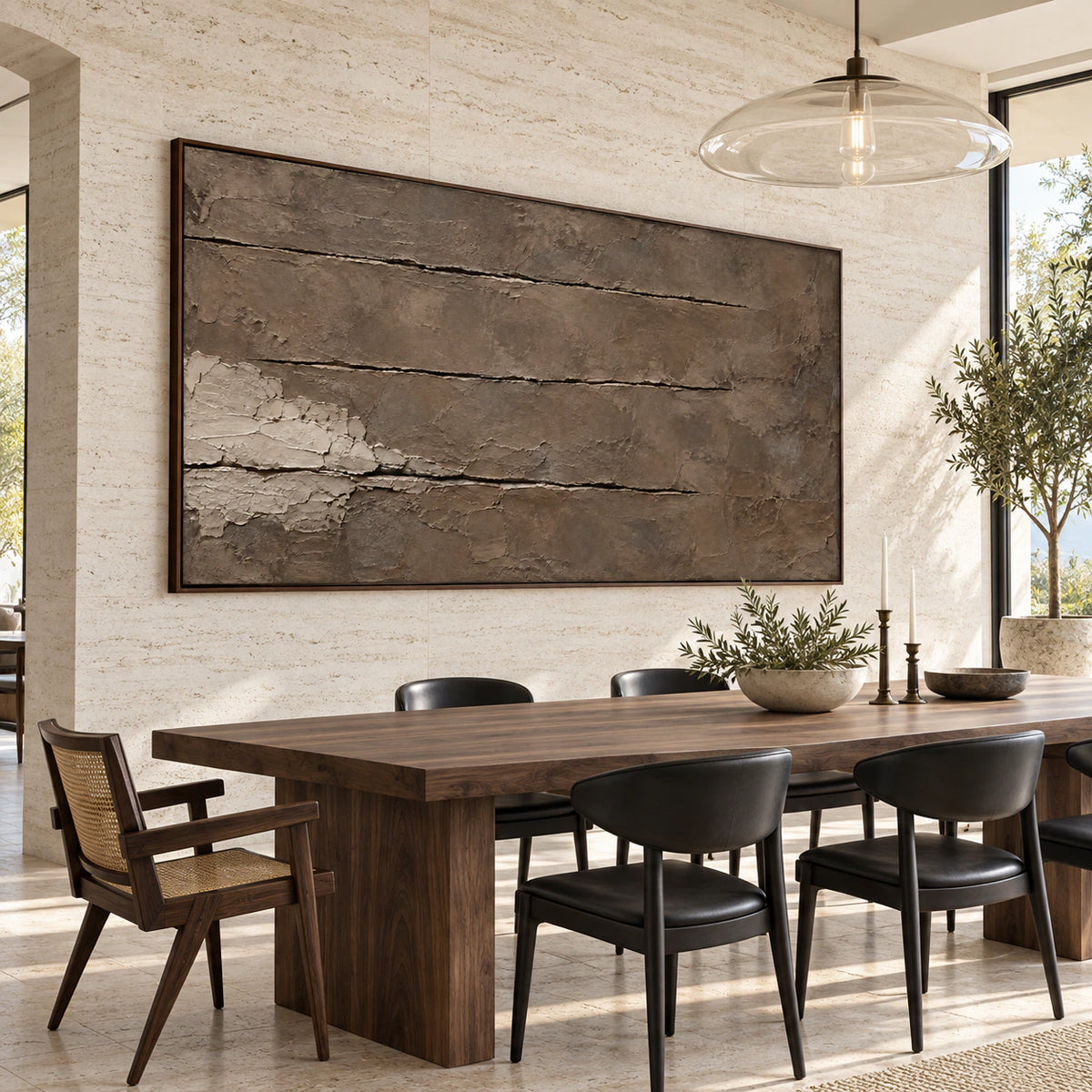 Large textured umber abstract artwork in a refined daylight dining room.