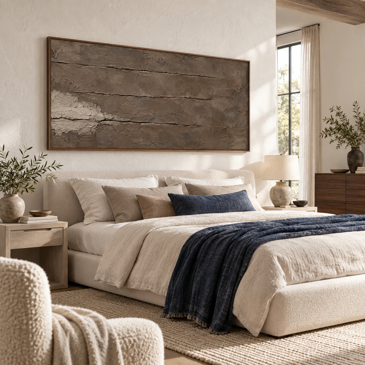 Panoramic earth-toned textured wall art in a quiet, naturally lit bedroom.