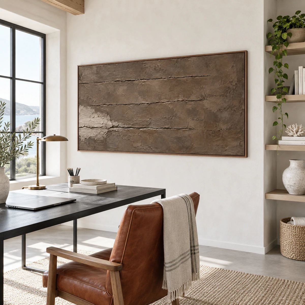 Textured umber abstract artwork as the focal point of an airy reading office.