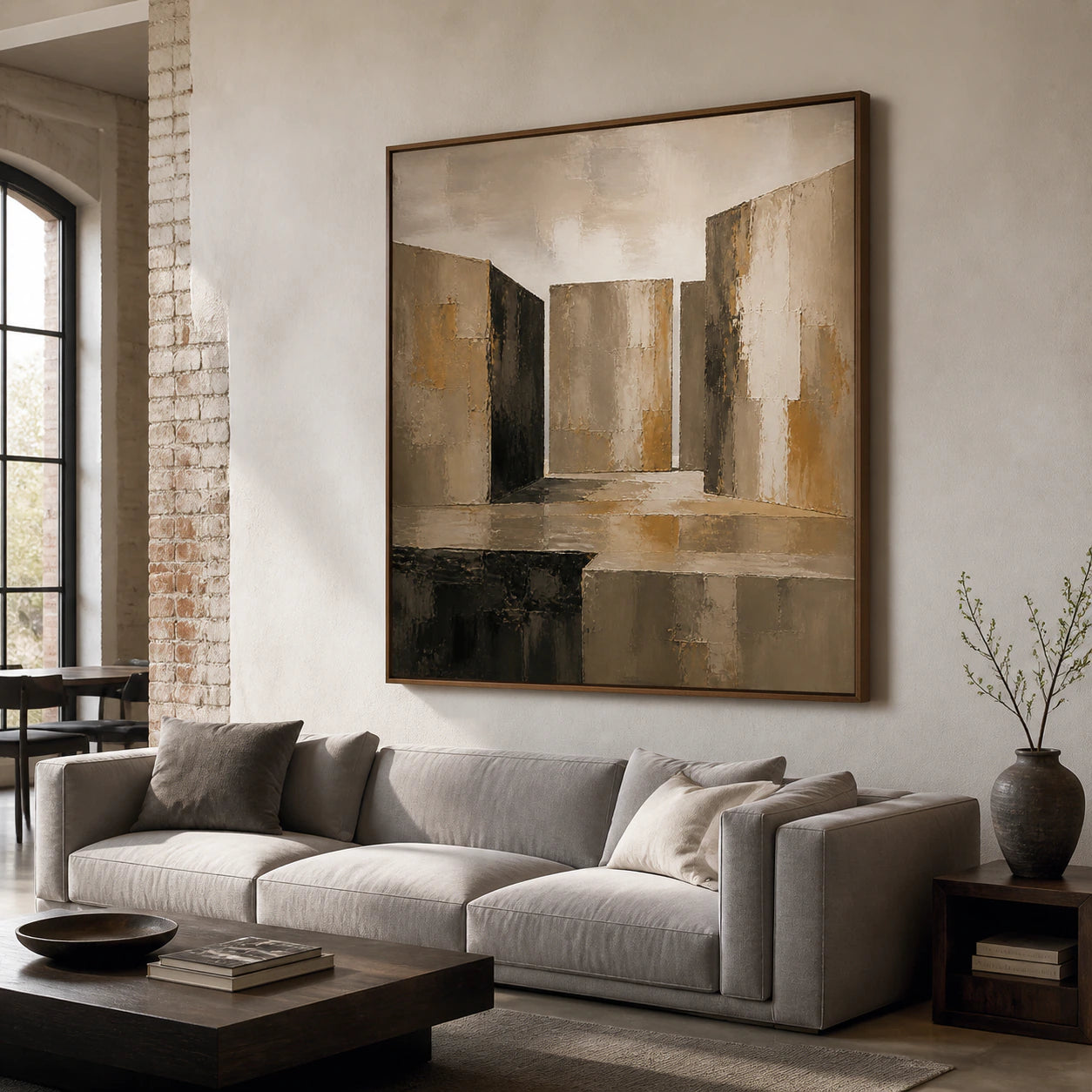 Umber-Threshold as the focal artwork above a restrained living room seating arrangement.