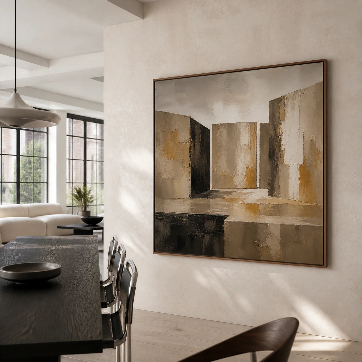 Umber-Threshold displayed prominently in a refined daylight-filled dining room.