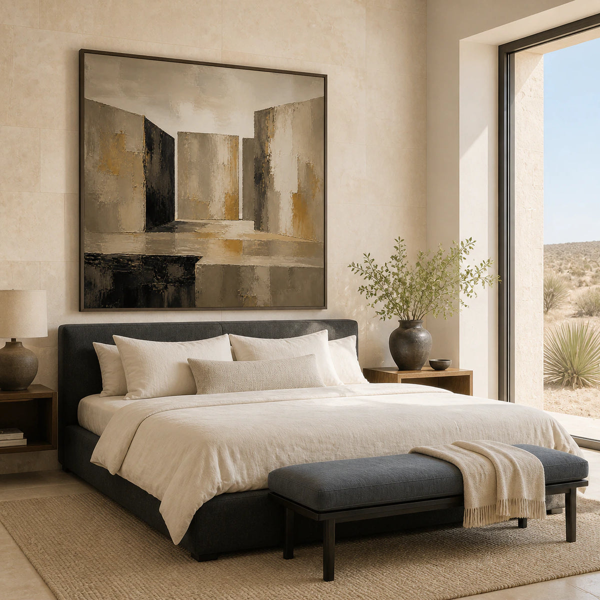 Umber-Threshold bringing tactile architectural depth to a quiet bedroom.