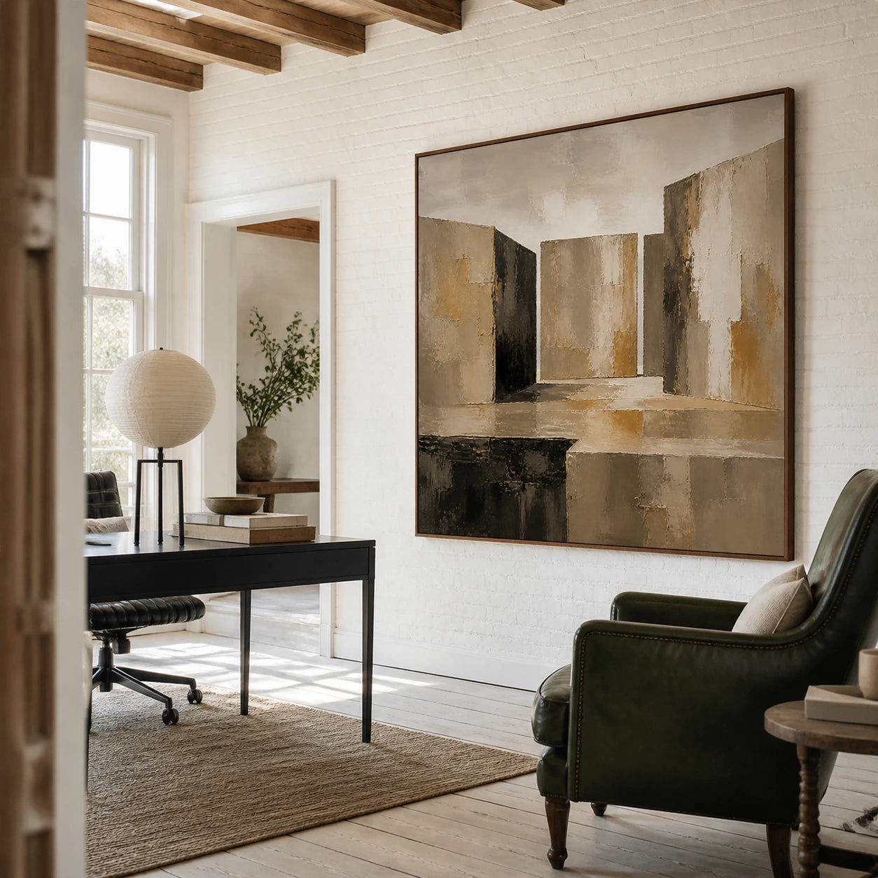 Umber-Threshold featured at large scale in an airy home office reading space.
