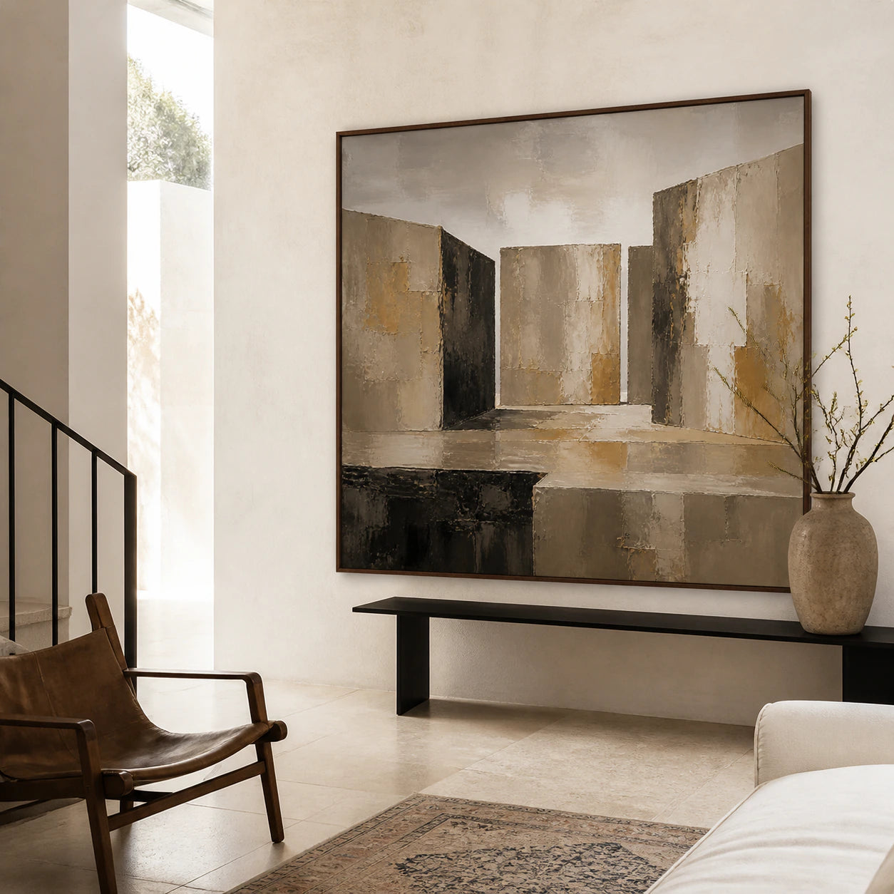 Umber-Threshold presented as a large focal work in a gallery-scale foyer.