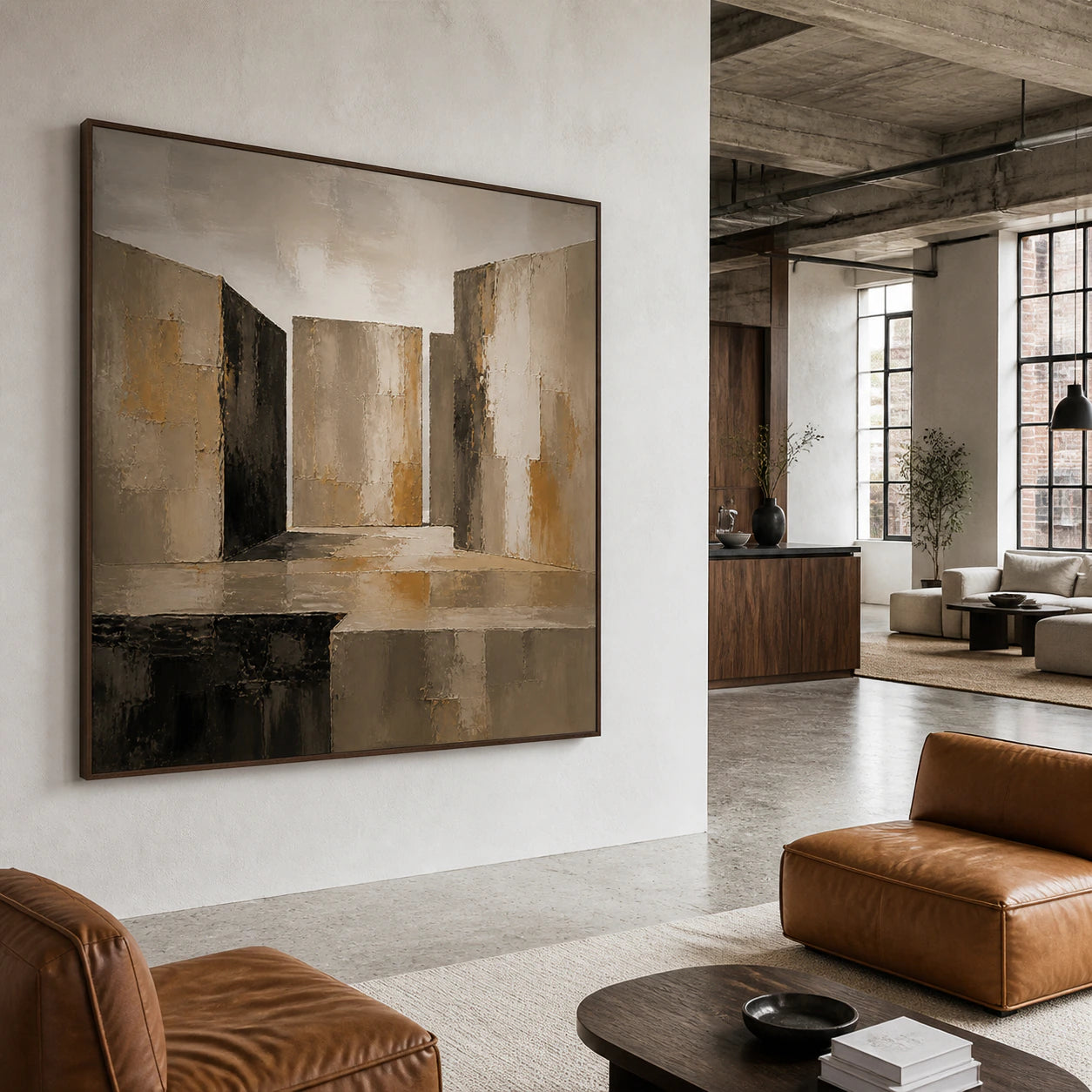 Umber-Threshold displayed prominently in a bright expansive hospitality loft.