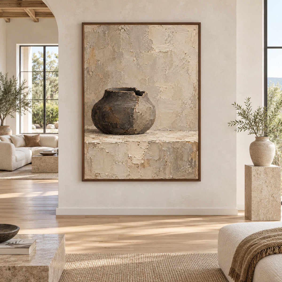 Umber-Vessel displayed at large scale in a spacious architectural living room, viewed straight on.