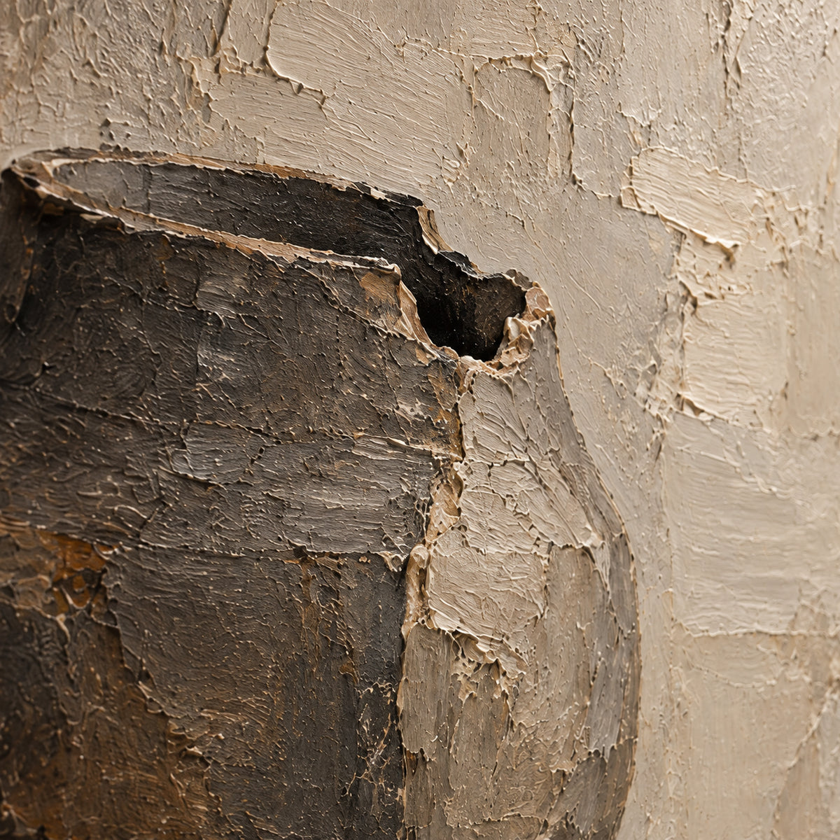 Umber-Vessel oil painting brushwork and impasto detail photographed from an oblique side angle