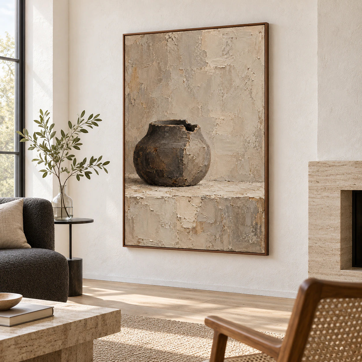 Umber-Vessel above a sculptural sofa in a bright, naturally lit living room.