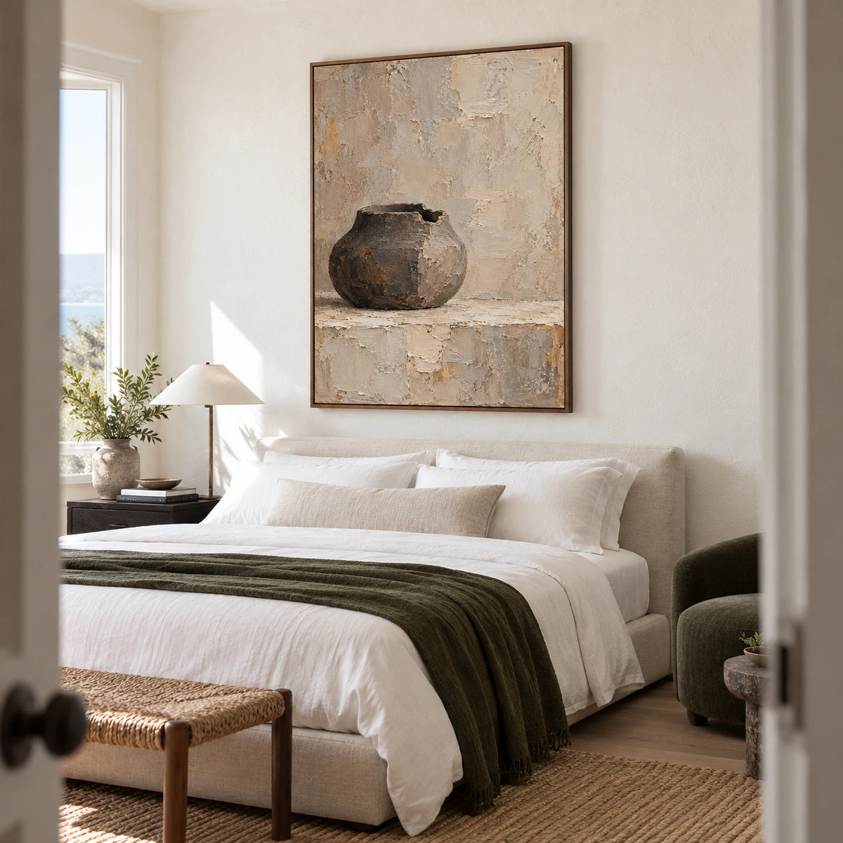 Umber-Vessel as the focal artwork in a quiet, softly lit bedroom.