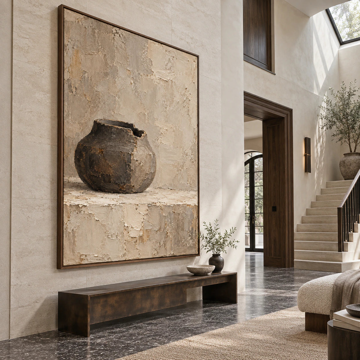 Umber-Vessel installed at gallery scale in a bright architectural foyer.