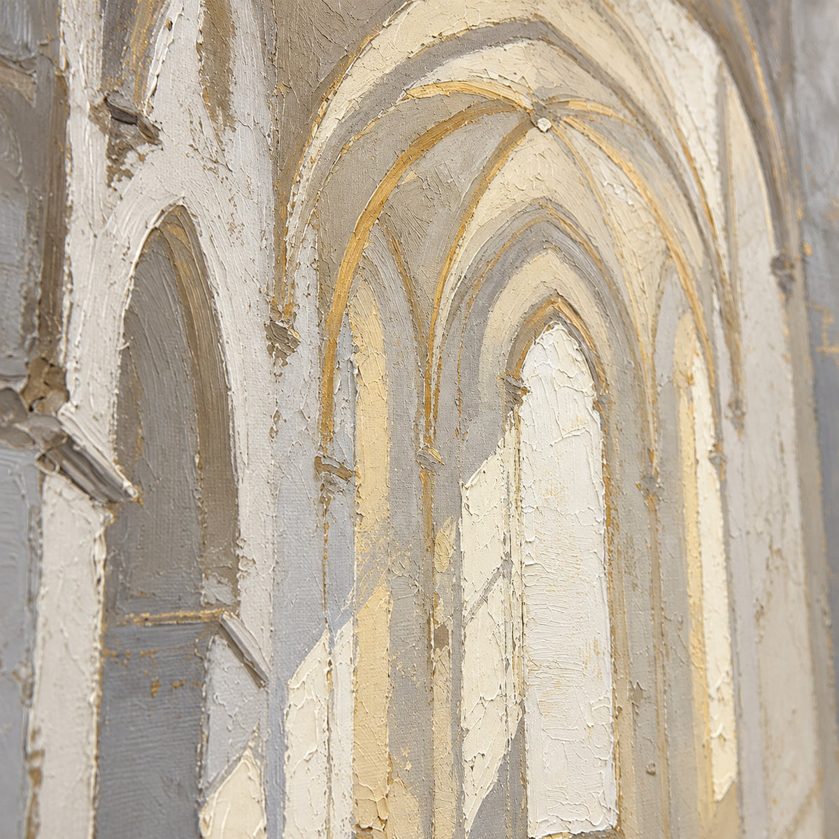 Vaulted-Quiet oil painting brushwork and impasto detail photographed from an oblique side angle
