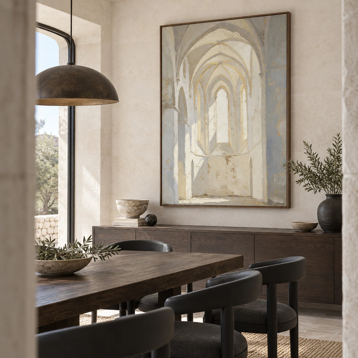 Vaulted-Quiet displayed prominently in a refined daylight-filled dining room.