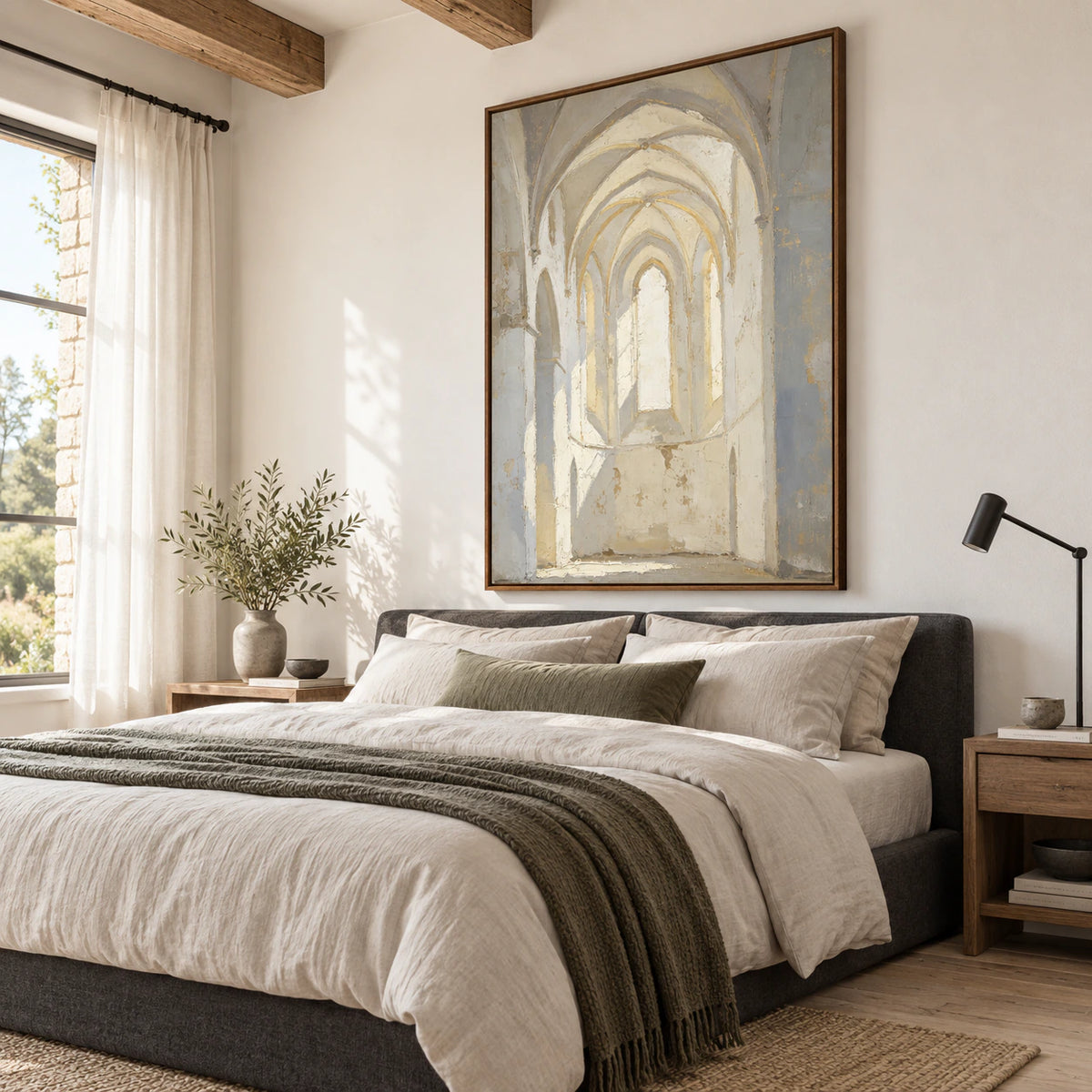 Vaulted-Quiet above a restrained bedroom setting with soft natural light.