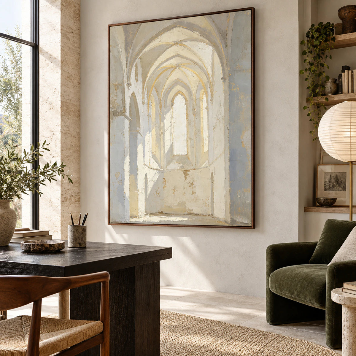 Vaulted-Quiet as the focal artwork in an airy home office reading space.