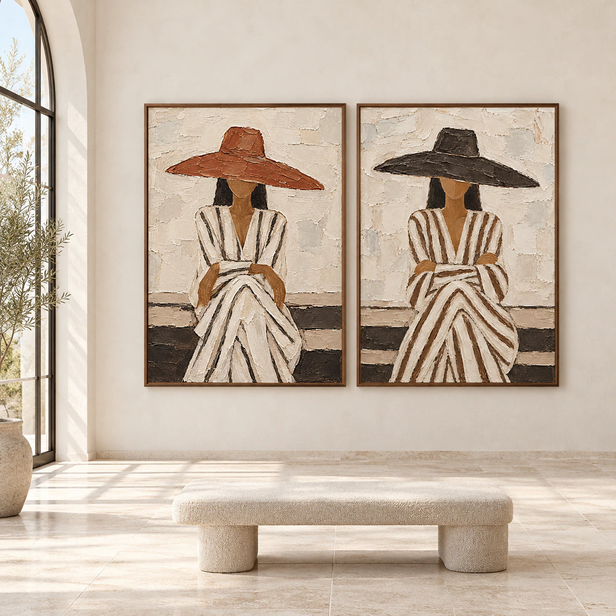 Large straight-on gallery view of the Veiled-Accord diptych in slim walnut frames.