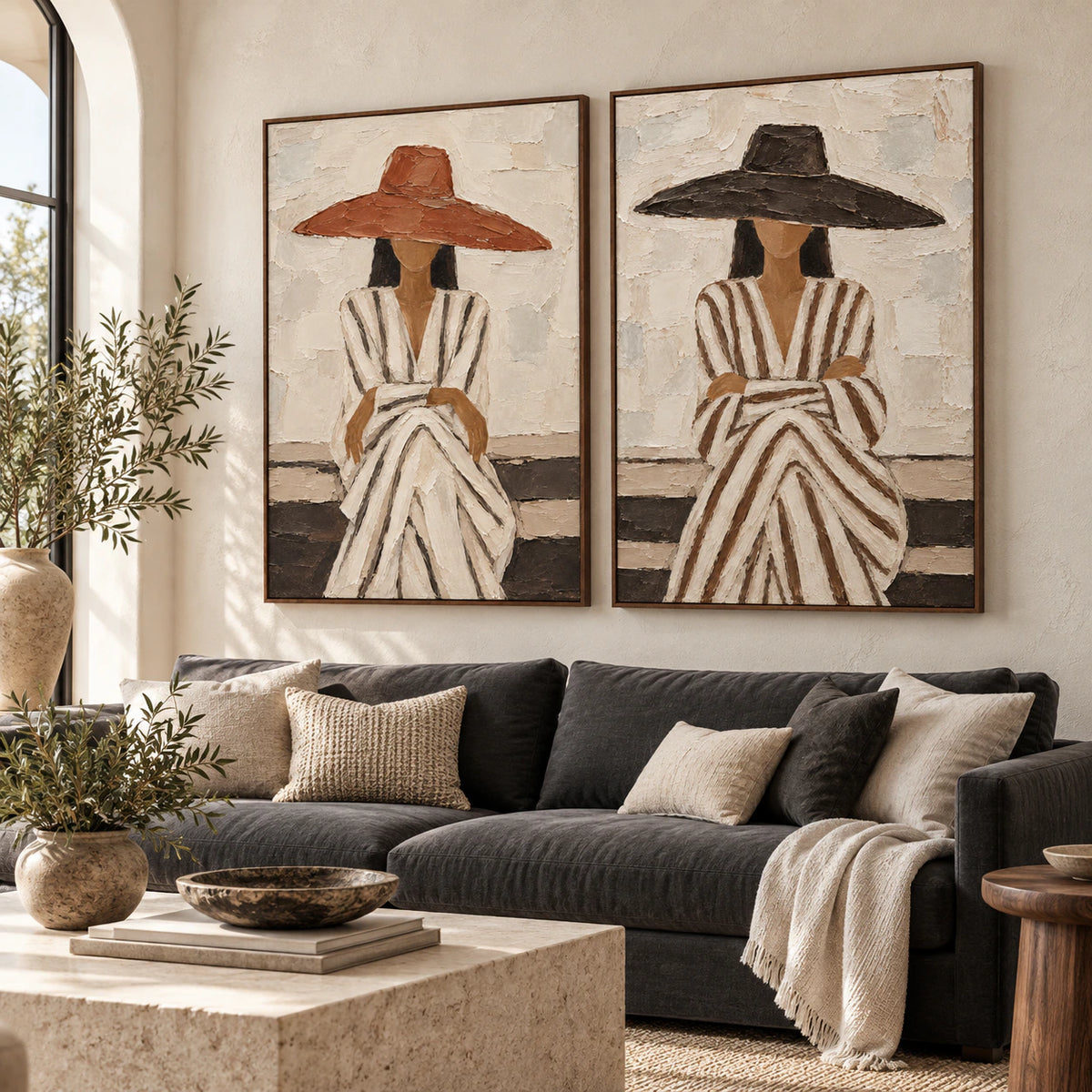 Veiled-Accord diptych above a sofa in a bright living room.