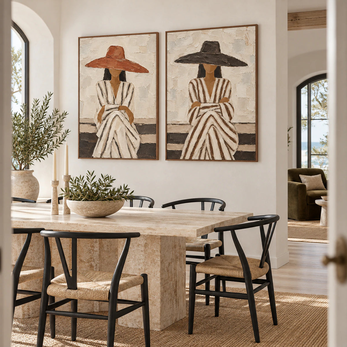 Veiled-Accord diptych in a refined daylight dining room.