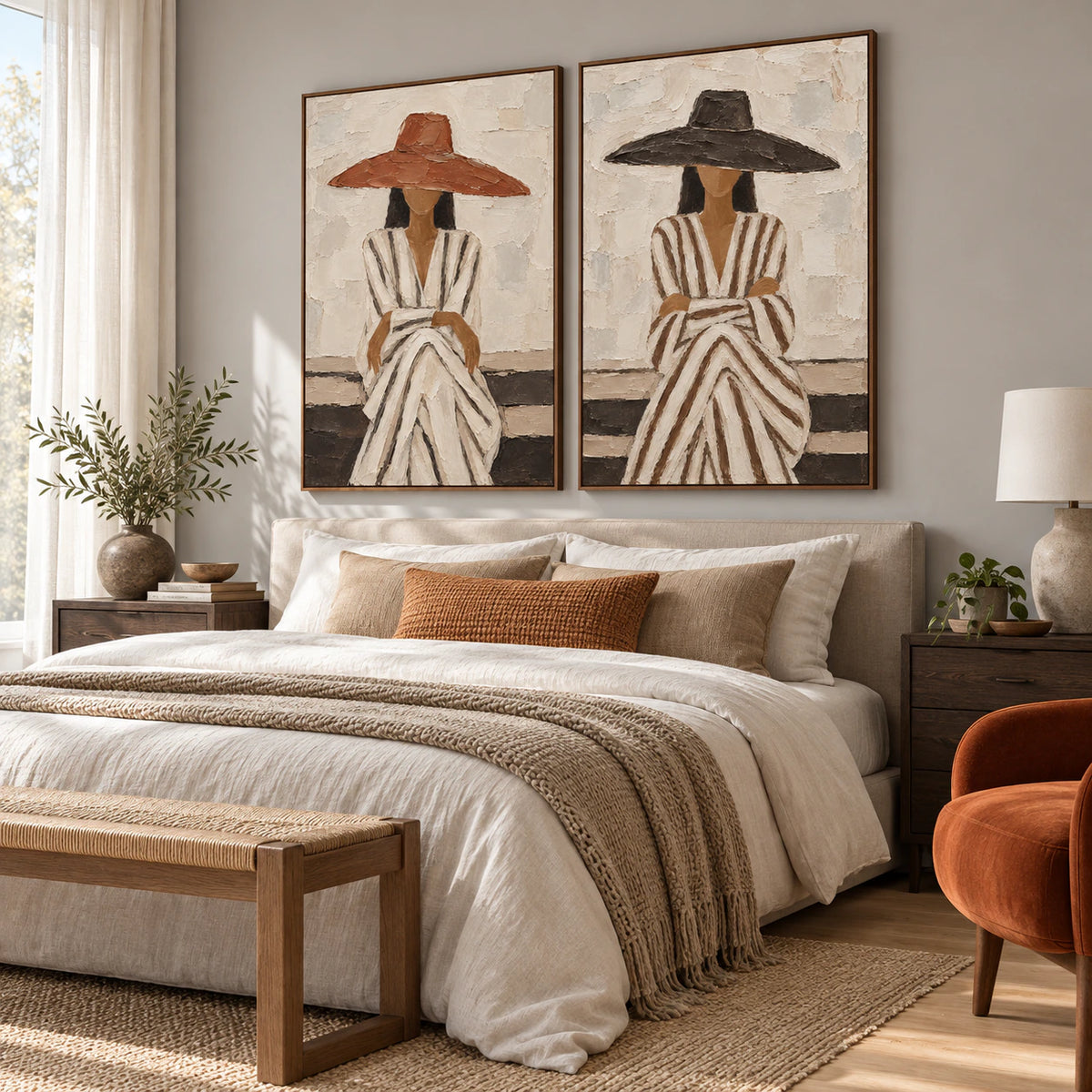 Veiled-Accord diptych in a quiet, softly lit bedroom.