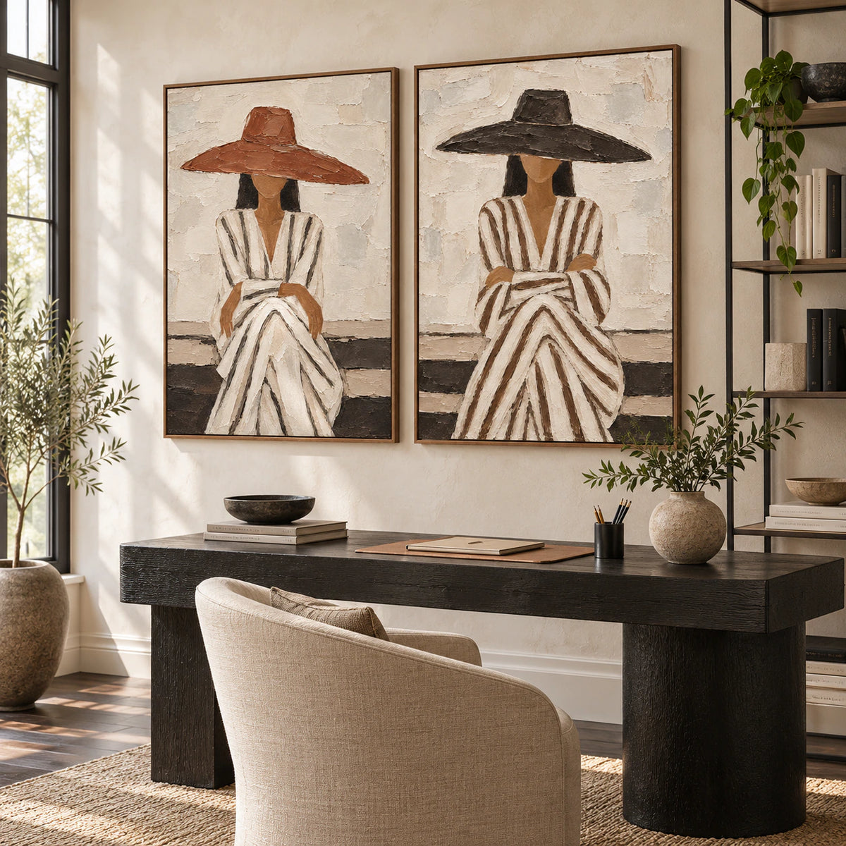 Veiled-Accord diptych in an airy home office reading space.